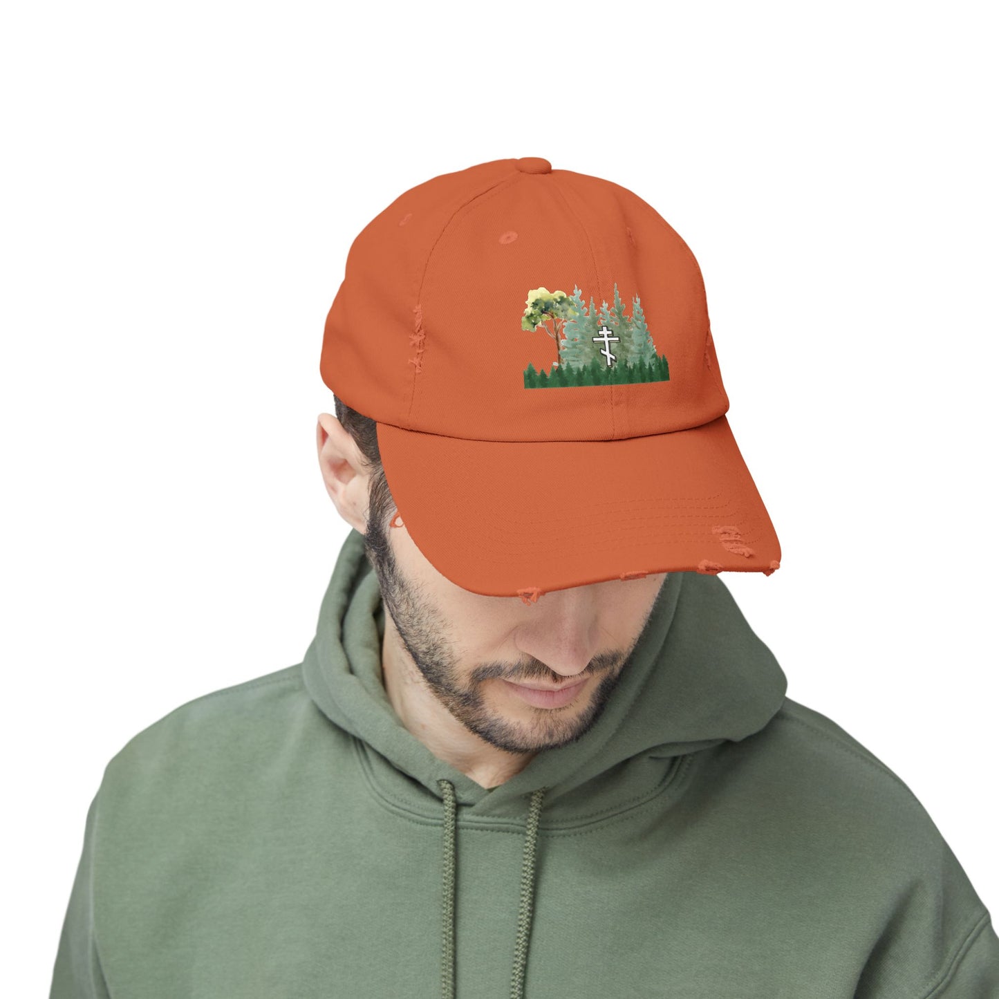 Orthodox Cross Green Forest Unisex Distressed Cap