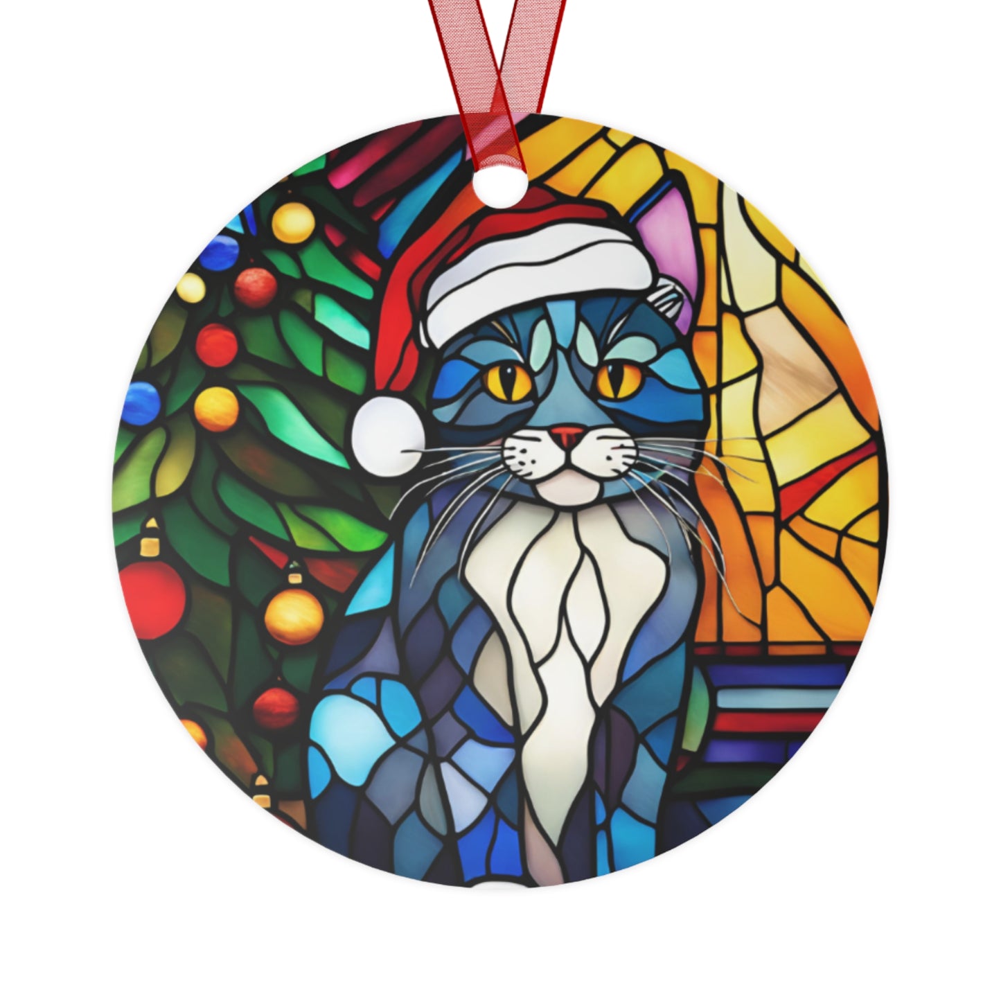 Stained Glass Effect Christmas Cat Design Metal Ornament