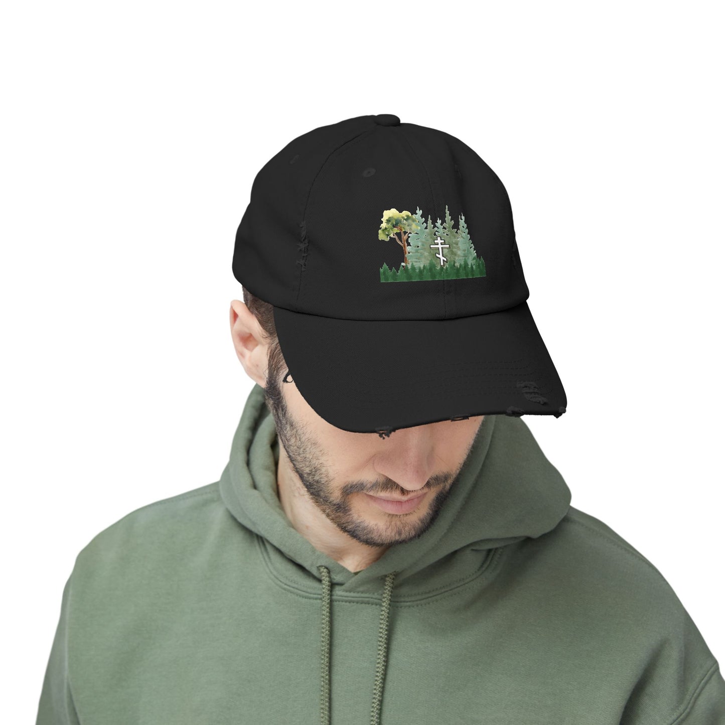 Orthodox Cross Green Forest Unisex Distressed Cap