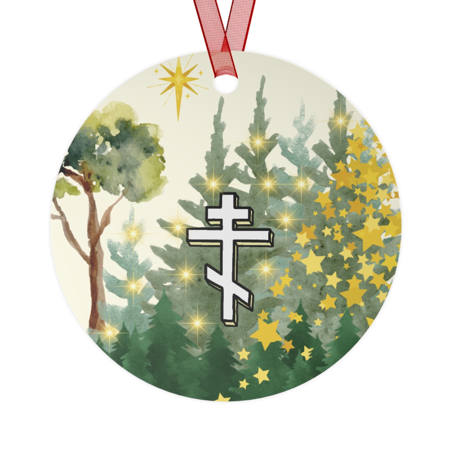 Orthodox Cross Christmas Forest Star Lights Metal Ornament