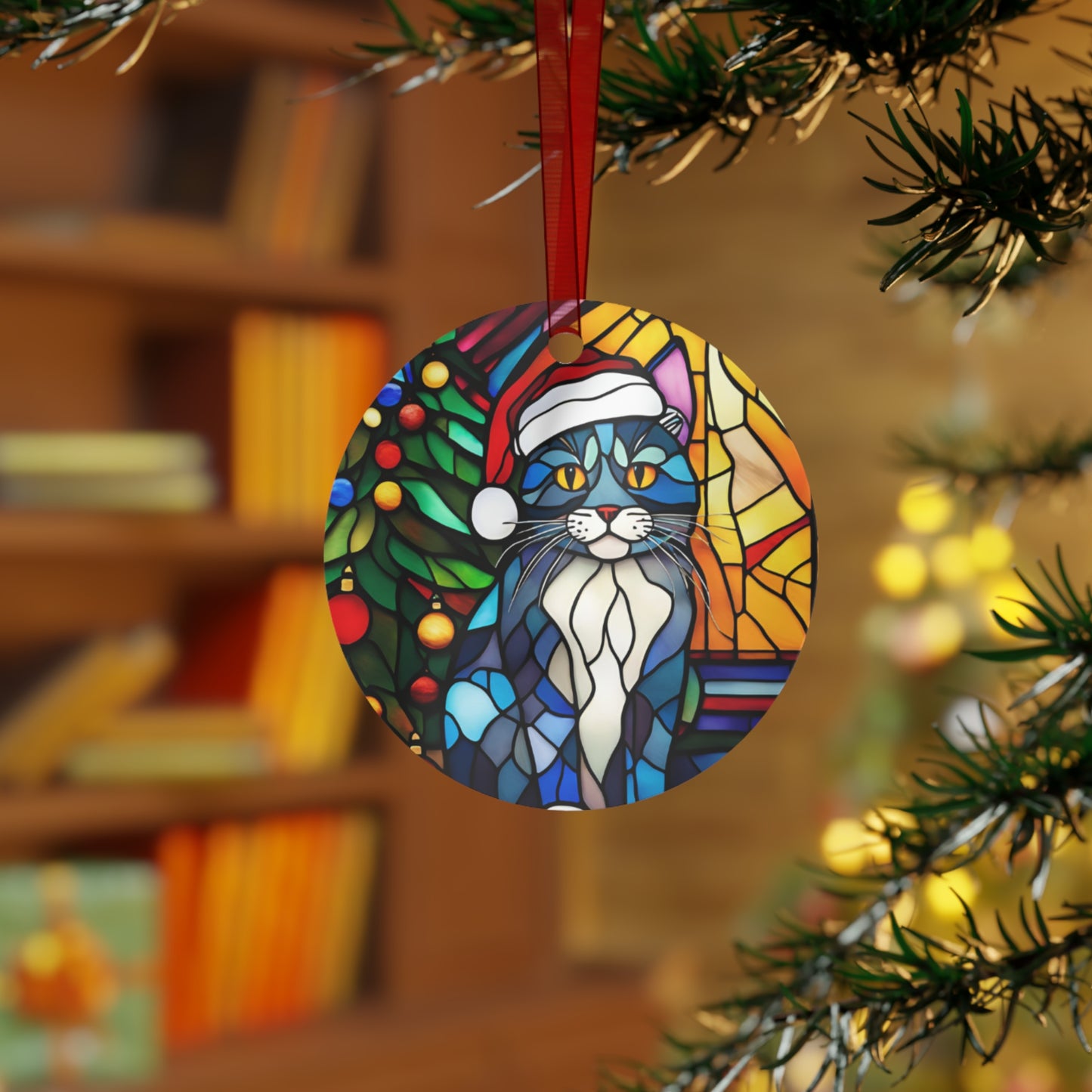 Stained Glass Effect Christmas Cat Design Metal Ornament