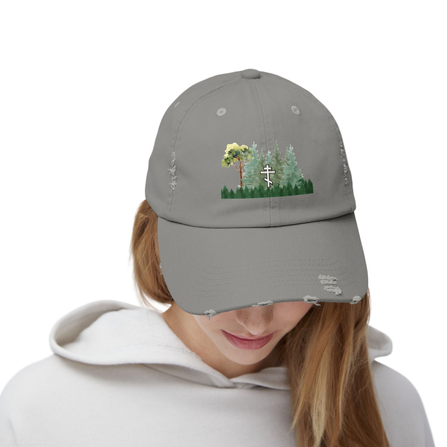 Orthodox Cross Green Forest Unisex Distressed Cap