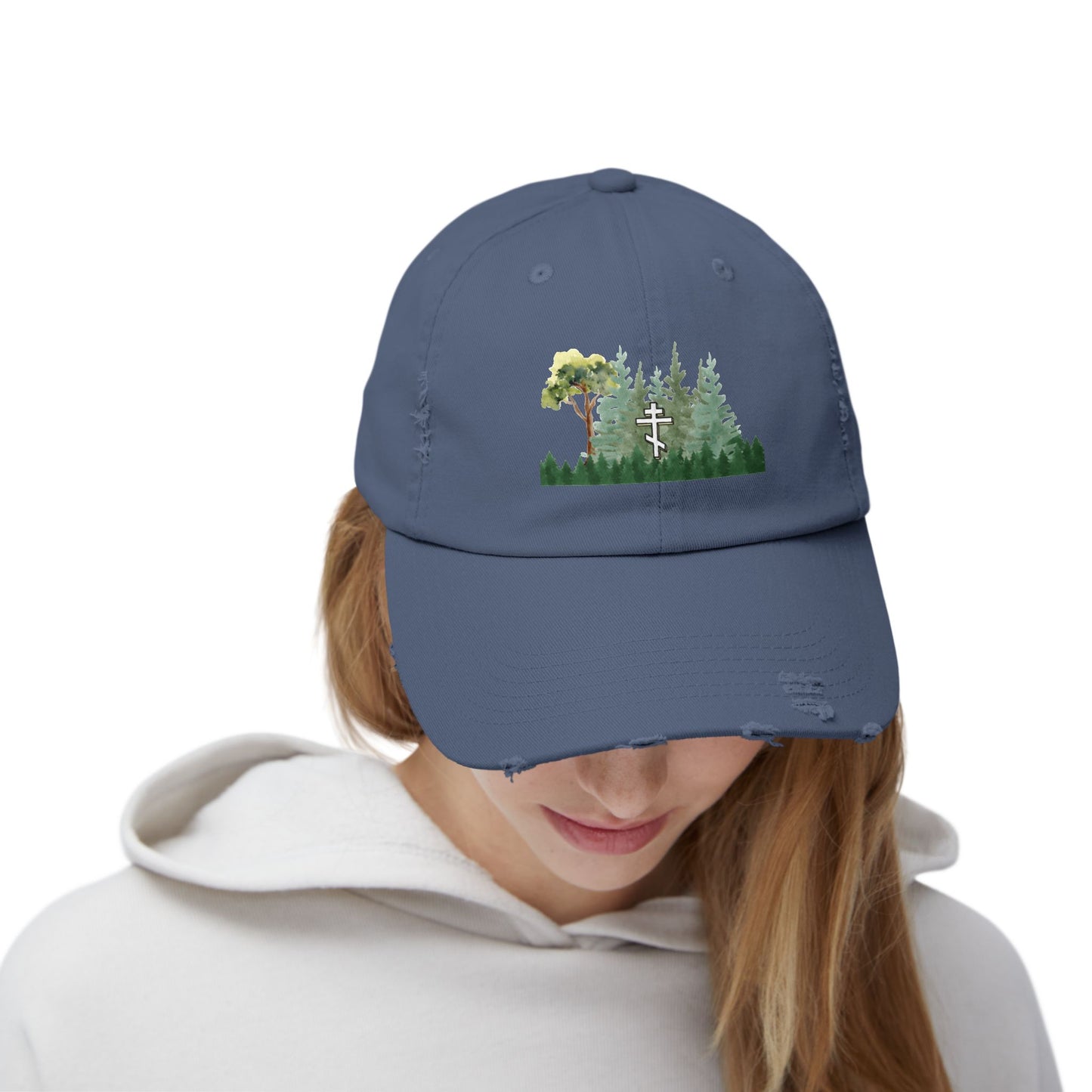 Orthodox Cross Green Forest Unisex Distressed Cap