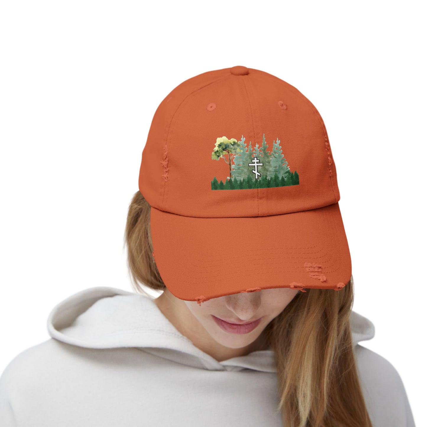 Orthodox Cross Green Forest Unisex Distressed Cap