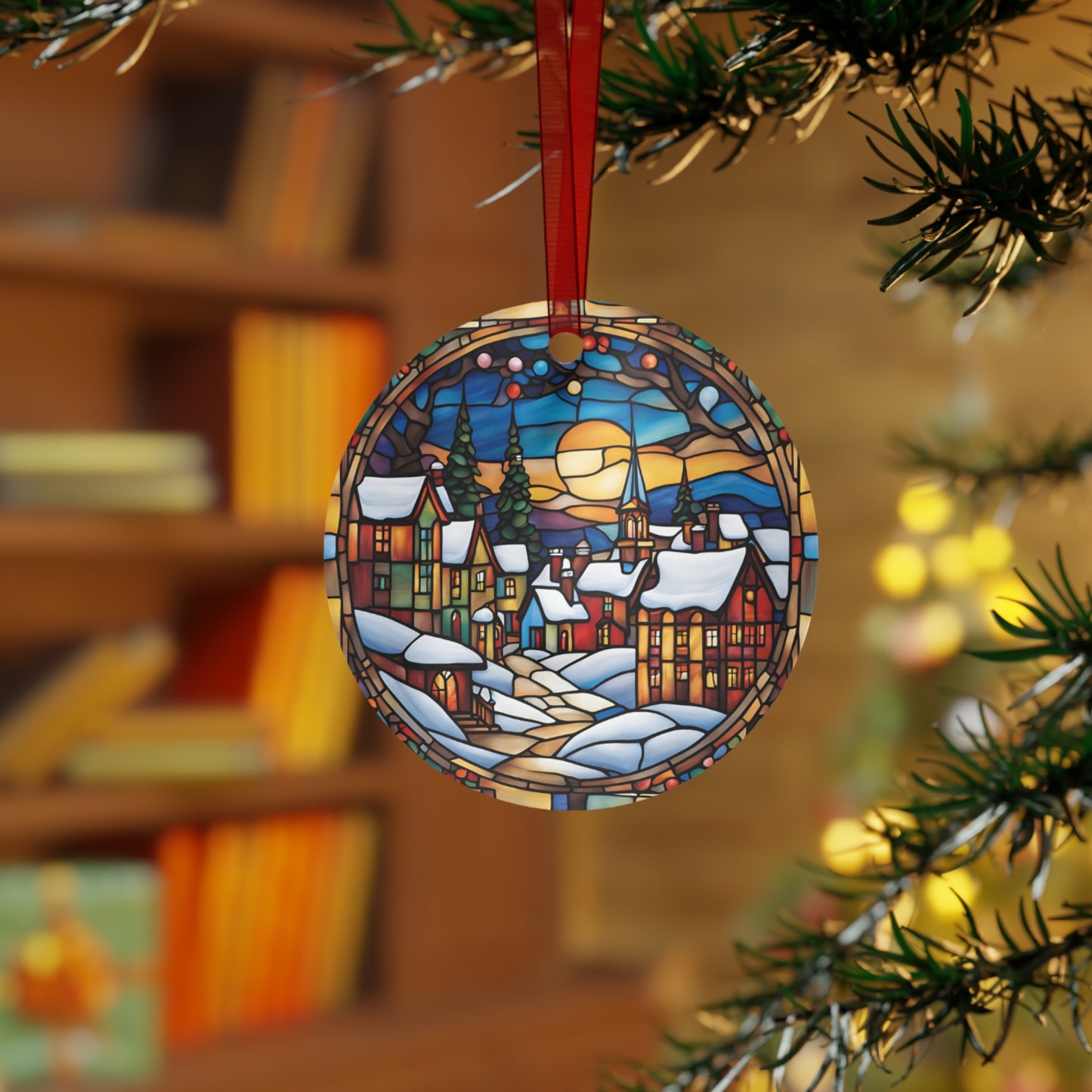 Wintry Christmas Scene Metal Ornament Stained Glass Effect