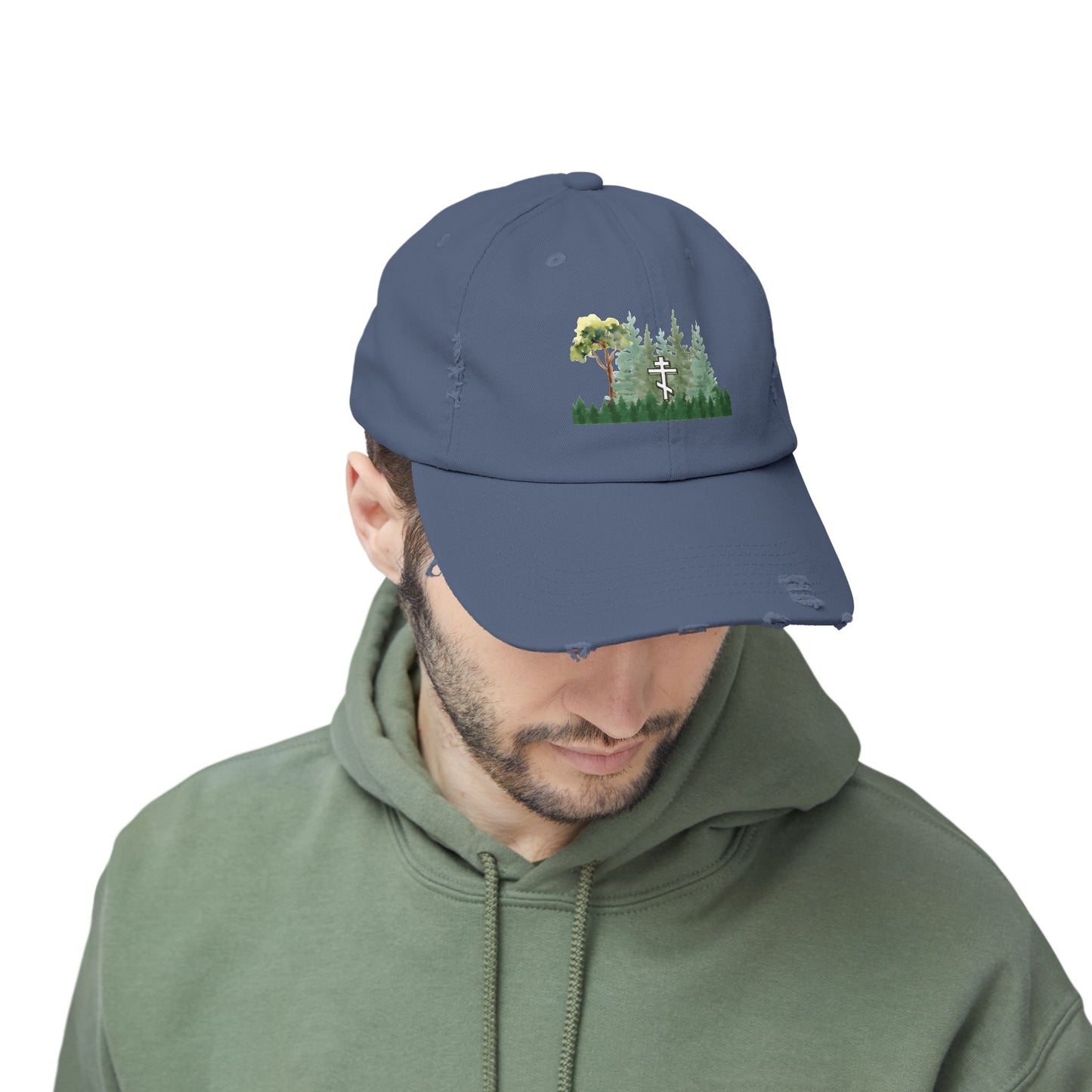 Orthodox Cross Green Forest Unisex Distressed Cap