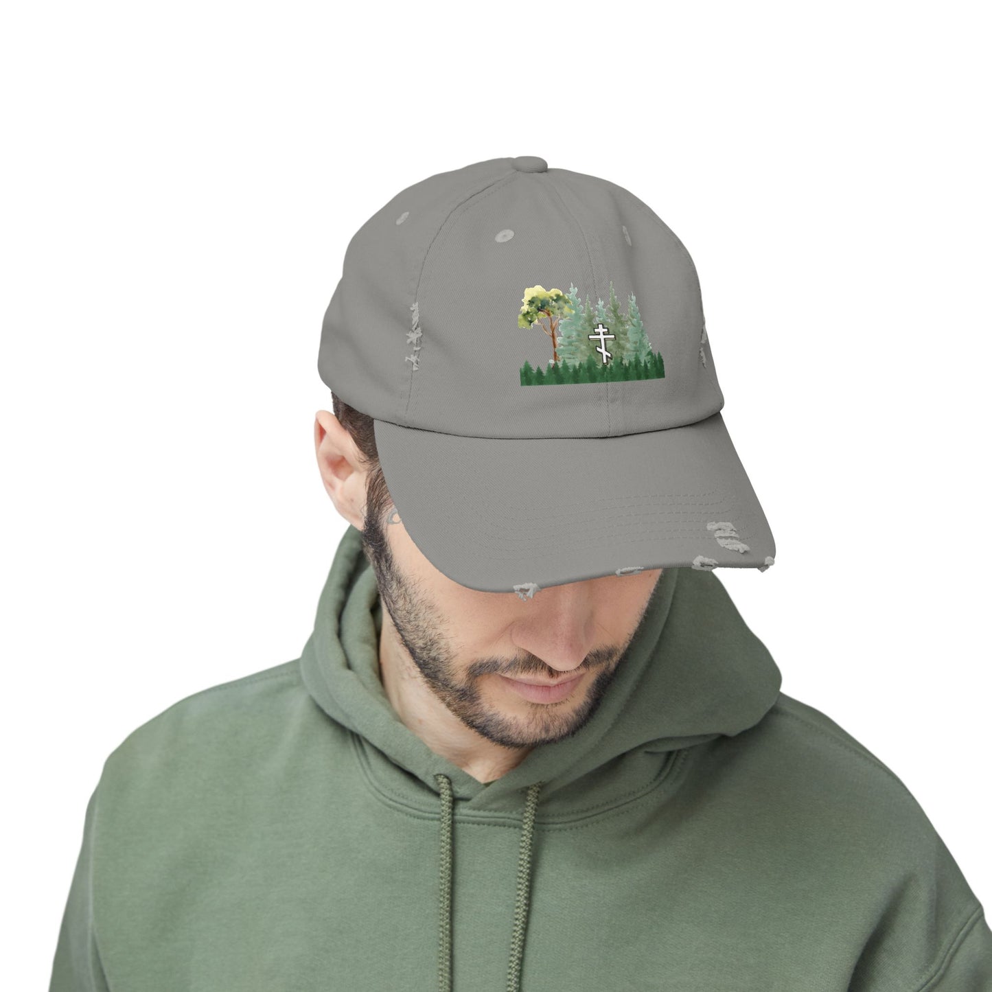 Orthodox Cross Green Forest Unisex Distressed Cap