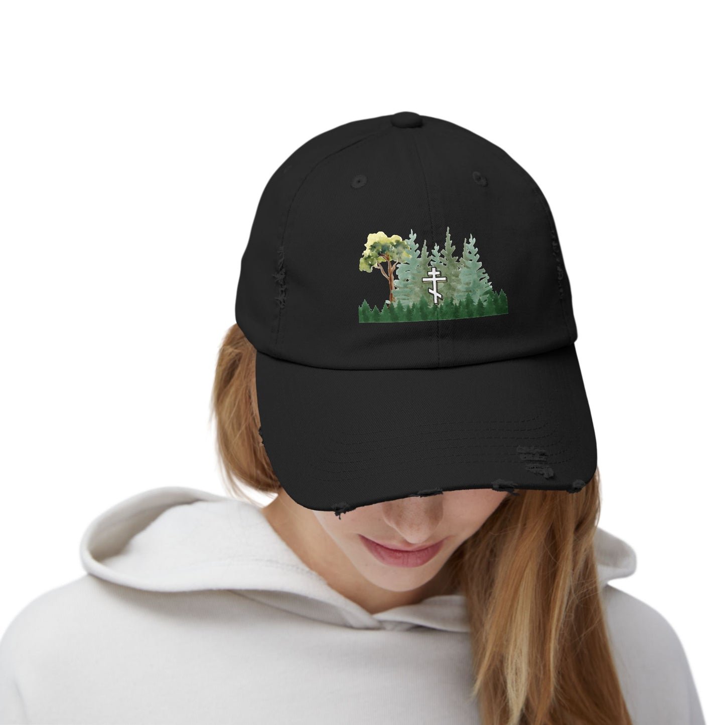 Orthodox Cross Green Forest Unisex Distressed Cap