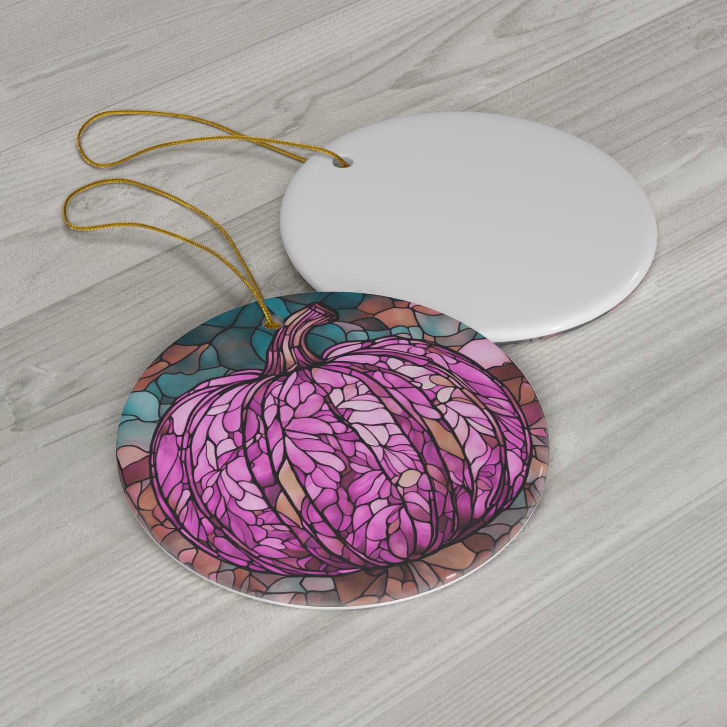 Stained Glass Effect Purple Pink Pumpkin Ceramic Ornament