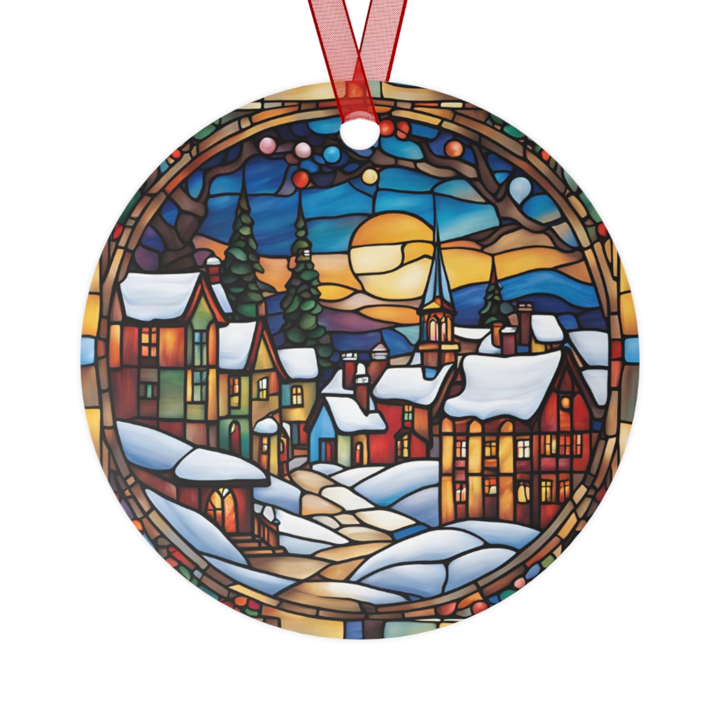 Wintry Christmas Scene Metal Ornament Stained Glass Effect