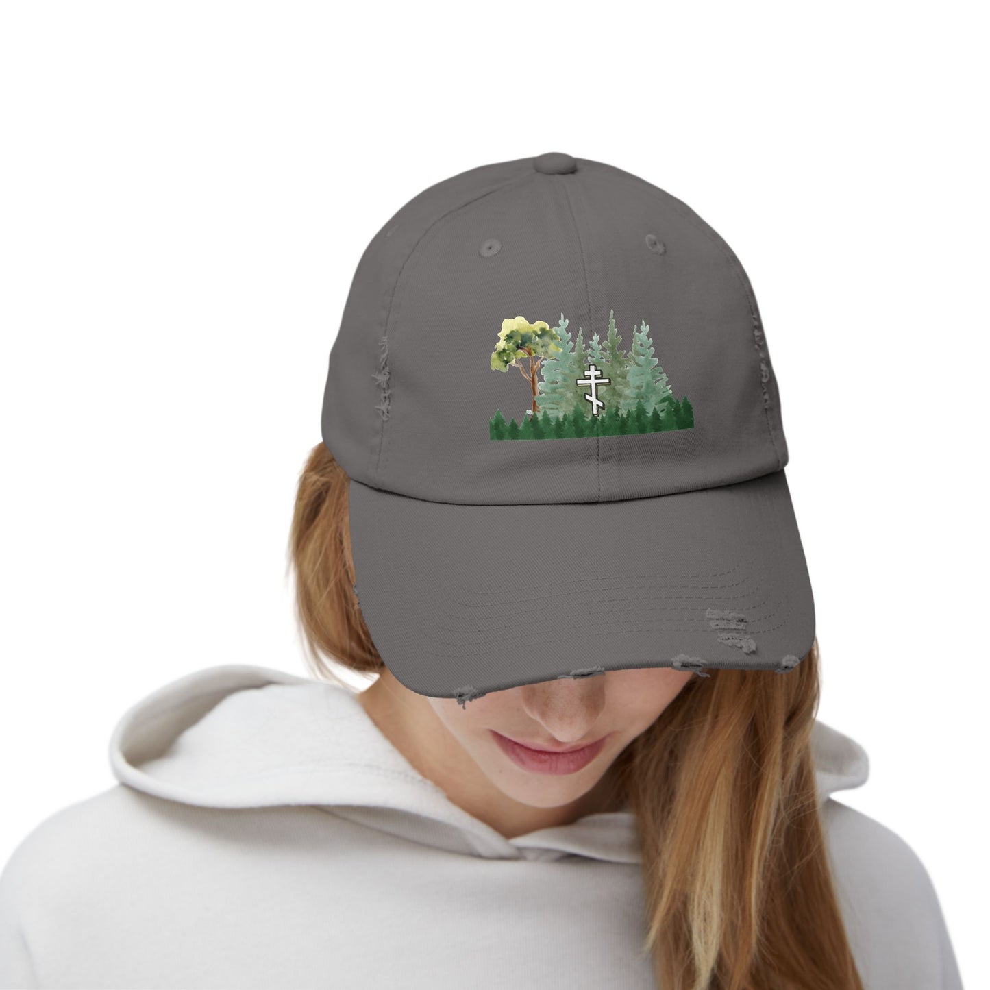 Orthodox Cross Green Forest Unisex Distressed Cap