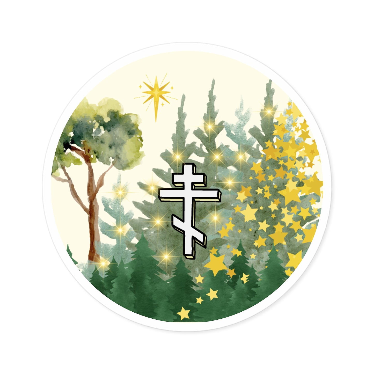 Orthodox Cross Christmas Forest Star Lights Sticker