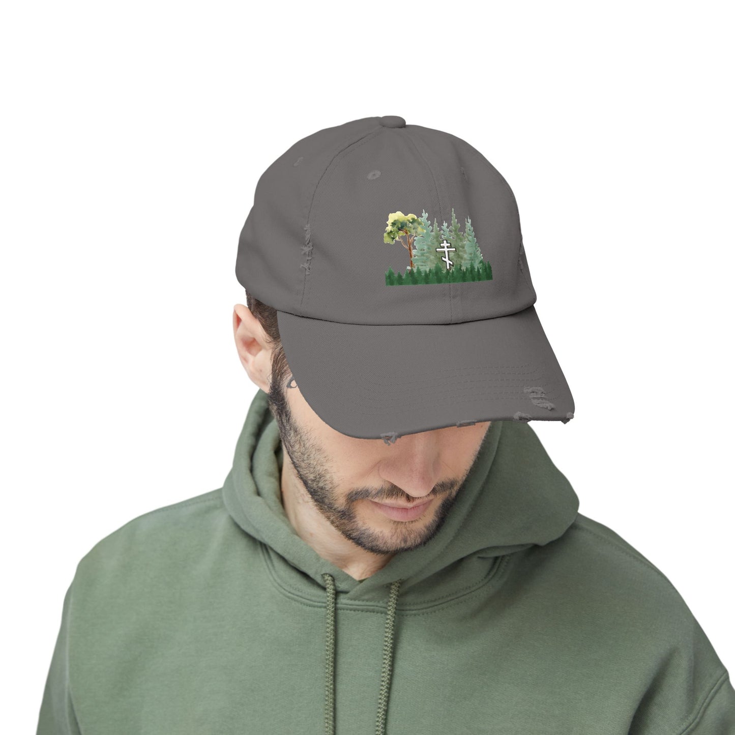 Orthodox Cross Green Forest Unisex Distressed Cap